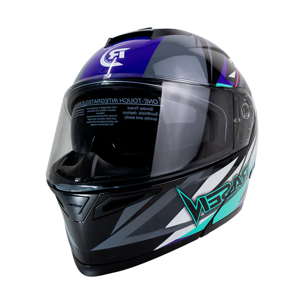 CASCO DEPORTIVO ABATIBLE NEGRO CON FRNAJAS MORADAS